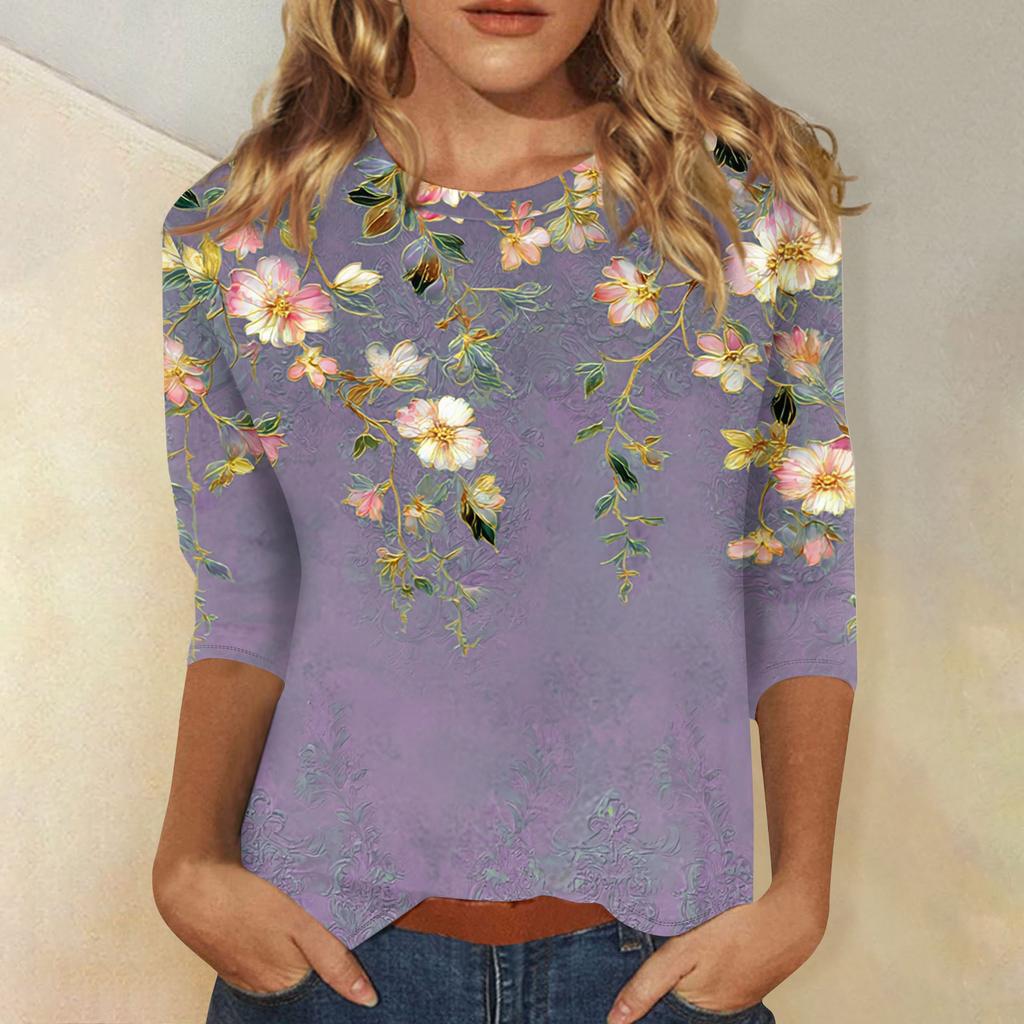 Women's Fashion Casual 3/4 Sleeve T,Shirt Printed Round Neck Pullover Top