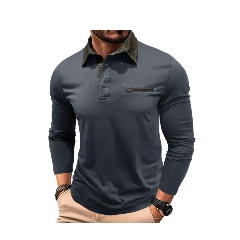 Men Long Sleeve Polo Shirt with Contrast Color Collar Casual Pocket Top