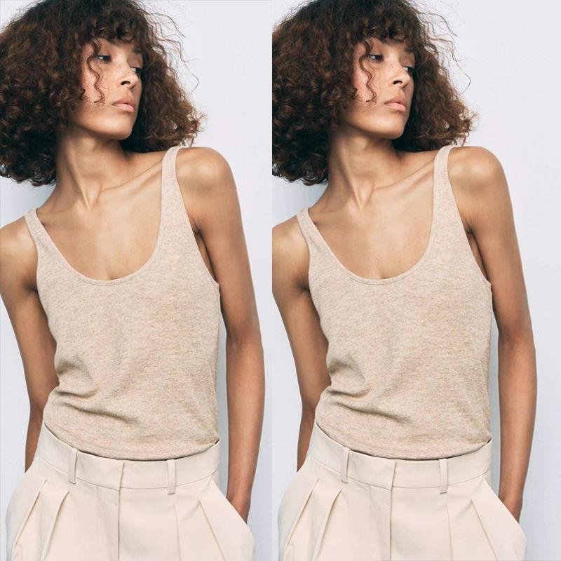 Brown French Style Knitted Women Clothes Shoulder Strap Cotton T-shirt Cami Sexy White Inner Wear Women Clothes U Collar