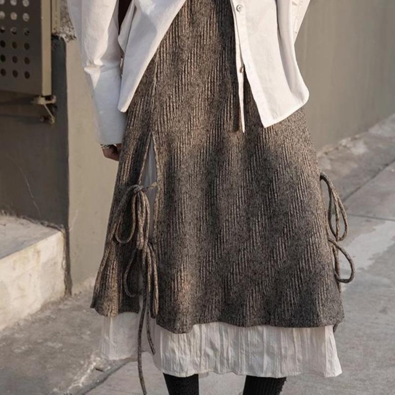 Damen Retro Japanischer Stil Brauner Midi-Rock Herbst Winter Maillard Asymmetrisch Büro Vielseitiger Freizeitrock