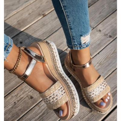 Gold Plateau Keilabsatz Sandalen Damen Sommer Geflochten Nieten Dicke Sohle Sandalen Frau Kristall Knöchel Schnalle Sandalias 42