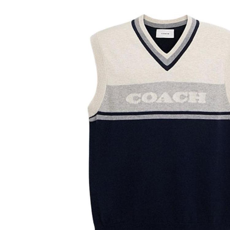 Coach Striped Letter Logo Inlaid V-Neck Vest Men vest Navy-Blue CO837-WXO