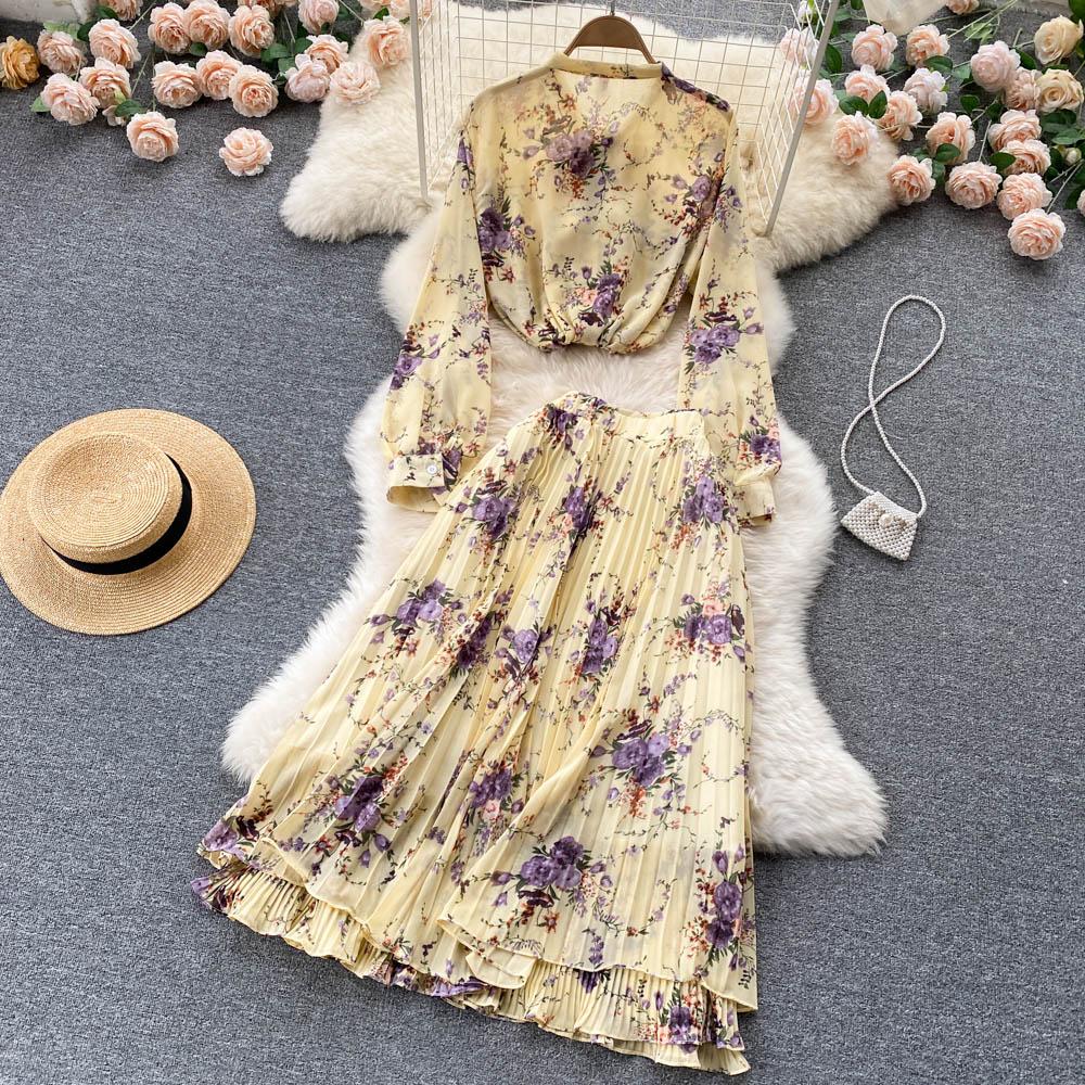 Spring Fashion Bow Top + Heavy Industry Pleated Chiffon Skirt Two-Piece Set Of Foreign Style Broken Flowers