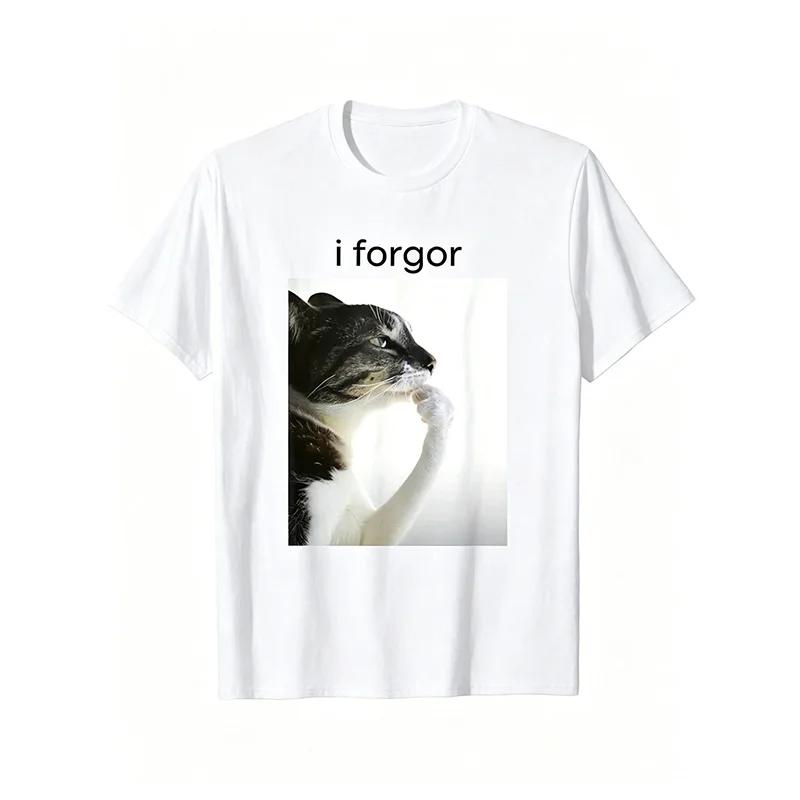 Funny Silly Cat Meme I Forget Cringe Brainrot Graphic Tshirt Round Neck Short Sleeve Tee For Casual Wear Women Clothing Y2k