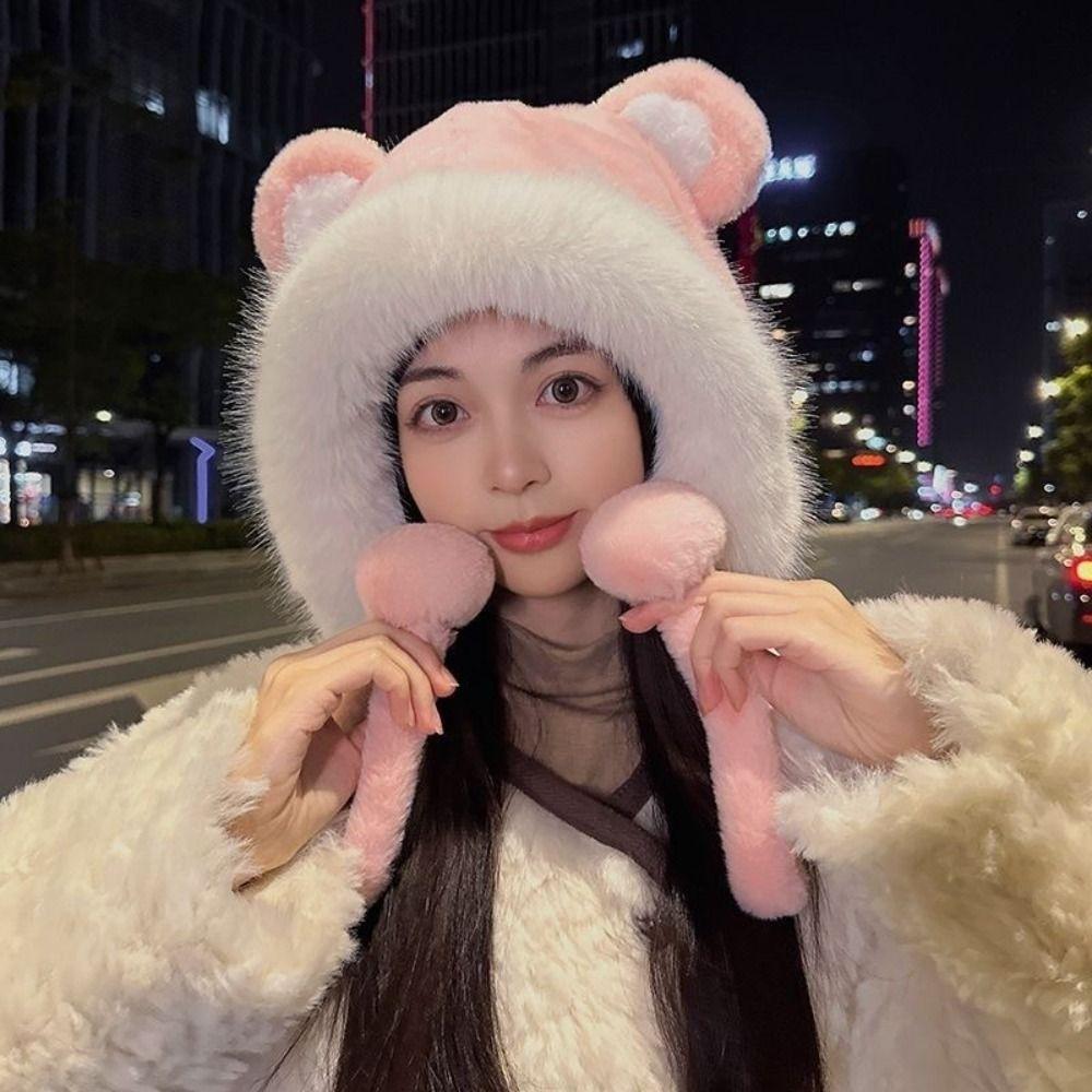 Warm Winter Hat Lacing Velvet Bear Ears Hat Rabbit Ear Antlers Woolen Bucket Hat Women