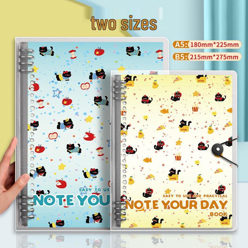 High-Quality A5 Black Cat Loose-Leaf Notebook with Hole-Punched, Thickened Replaceable Core, Perfect for Students - B5 Size