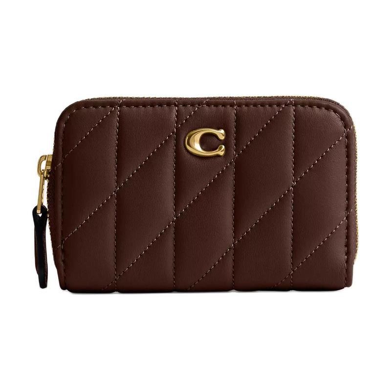 COACH Zip Around 11 Branded Silver Logo Stripe Quilted Zip Closure Nappa Leather Wallet Small Women s Maple серебряный
