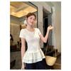 Summer lace splicing under the shoulder covering meat and thin top ins sweet versatile bottom short-sleeved T-shirt women