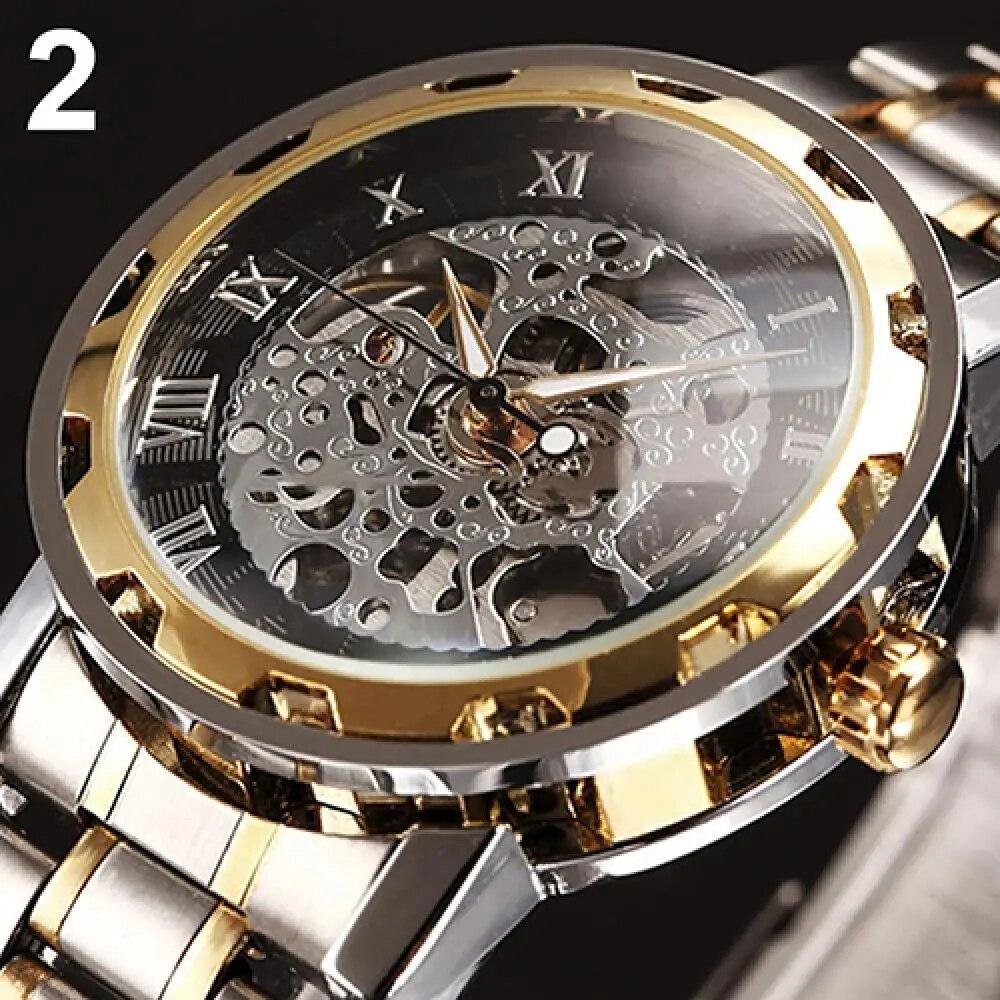 Men Skeleton Roman Numerals Hollow Dial Stainless Steel Band Mechanical Watch Fashion Men's Business Watch