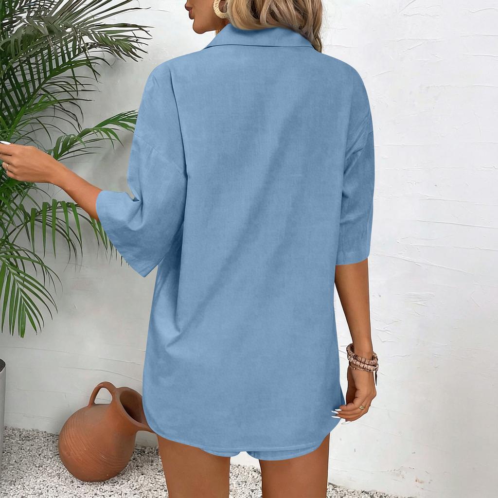 Women's Pajama Set Short Sleeve Striped Printed Two-piece Loungewear  Neck Pajamas Split Shorts Set Soft Sleepwear