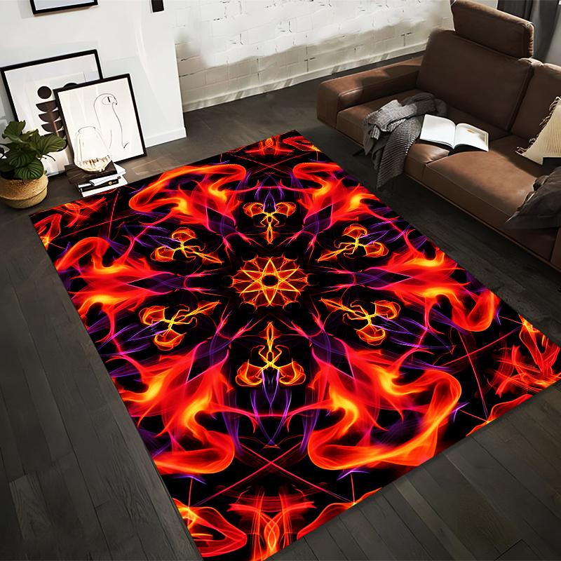 Abstract Flame Design Rug with Red and Purple Mandala Pattern Background Suitable for use as an anti-slip for living room bedroom sofas