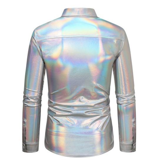 Men Disco Shirt Shiny Golden Sequin Metallic Dress Shirt Lapel Long Sleeve