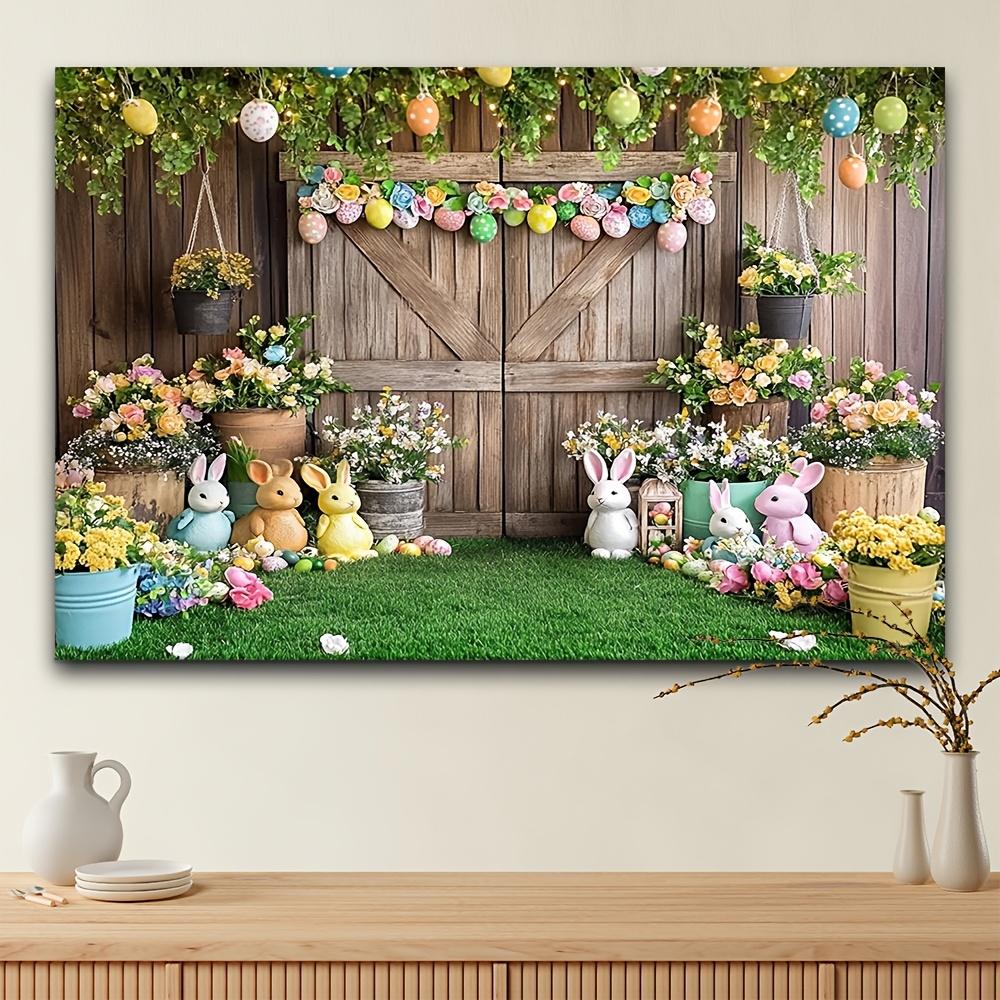 Happy Easter Backdrop Photography AI Scene Wooden House Flowers Rabbit Bunny Eggs Birthday Party Decor Baby Shower Background