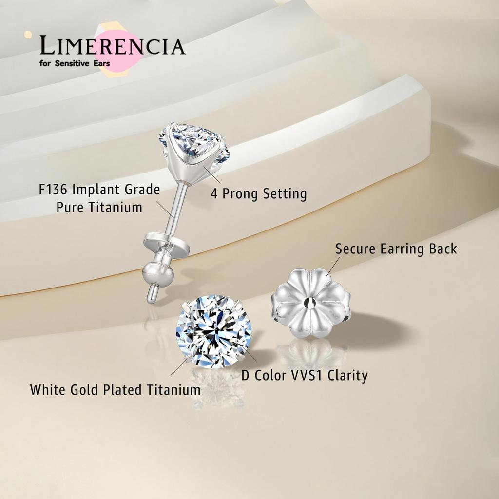 Limerencia Moissanite Stud Earrings, Pure Titanium, Unisex, D-Colored VVS1 Moissanite Stud Earrings, 1 Pair, Permanent Wear, Medical Grade, Hypoallerg
