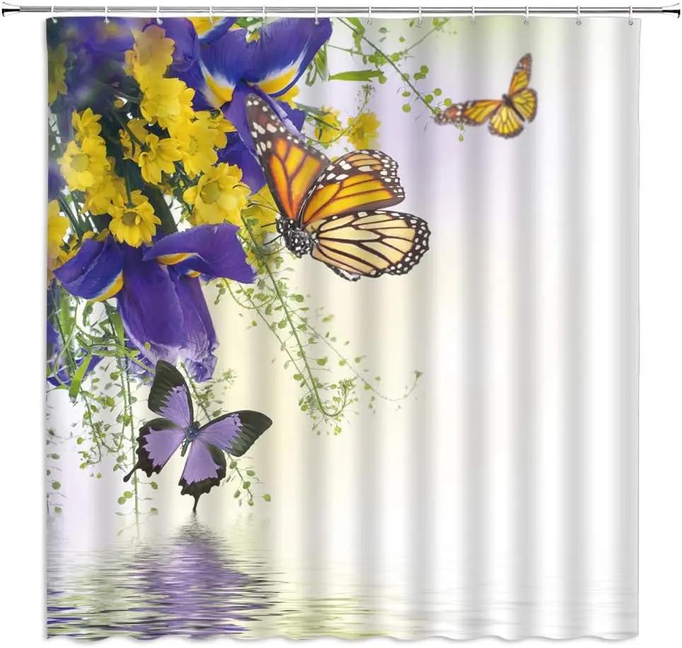 Pink Flower Butterfly Shower Curtain Natural Garden Landscape Home Fabric Bathroom Decoration Shower Curtain With Hook