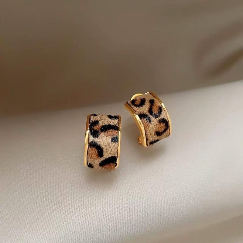 Silver needle autumn and winter retro leopard print geometric square round stud earrings Maillard simple earrings niche high-end earrings