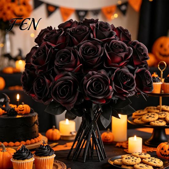 Long Stem Faux Flowers Realistic Silk Black Roses with Stems for Wedding Centerpieces, Halloween Home Durable Floral Decor, Artificial Arrangements