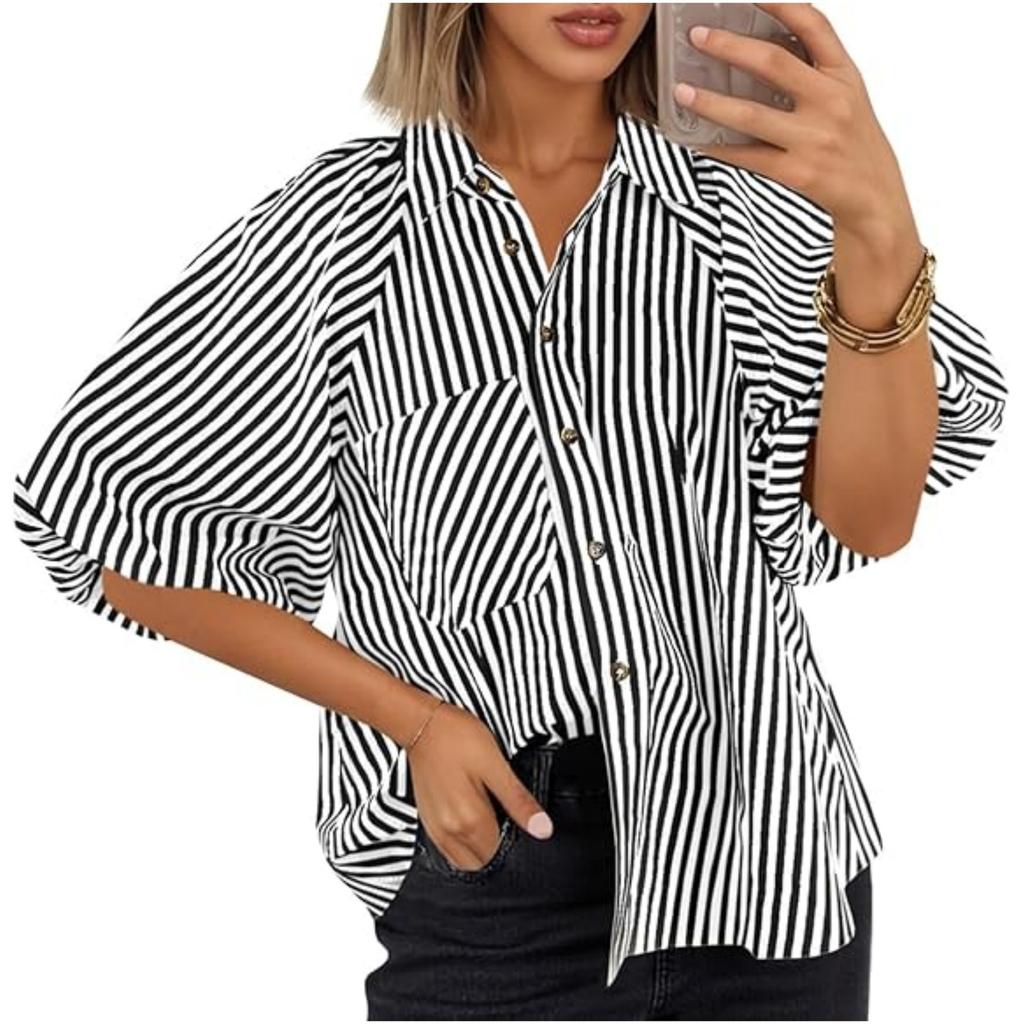 Women's Striped Fashionable Casual Loose Shirt With A Lapel Pocket Top