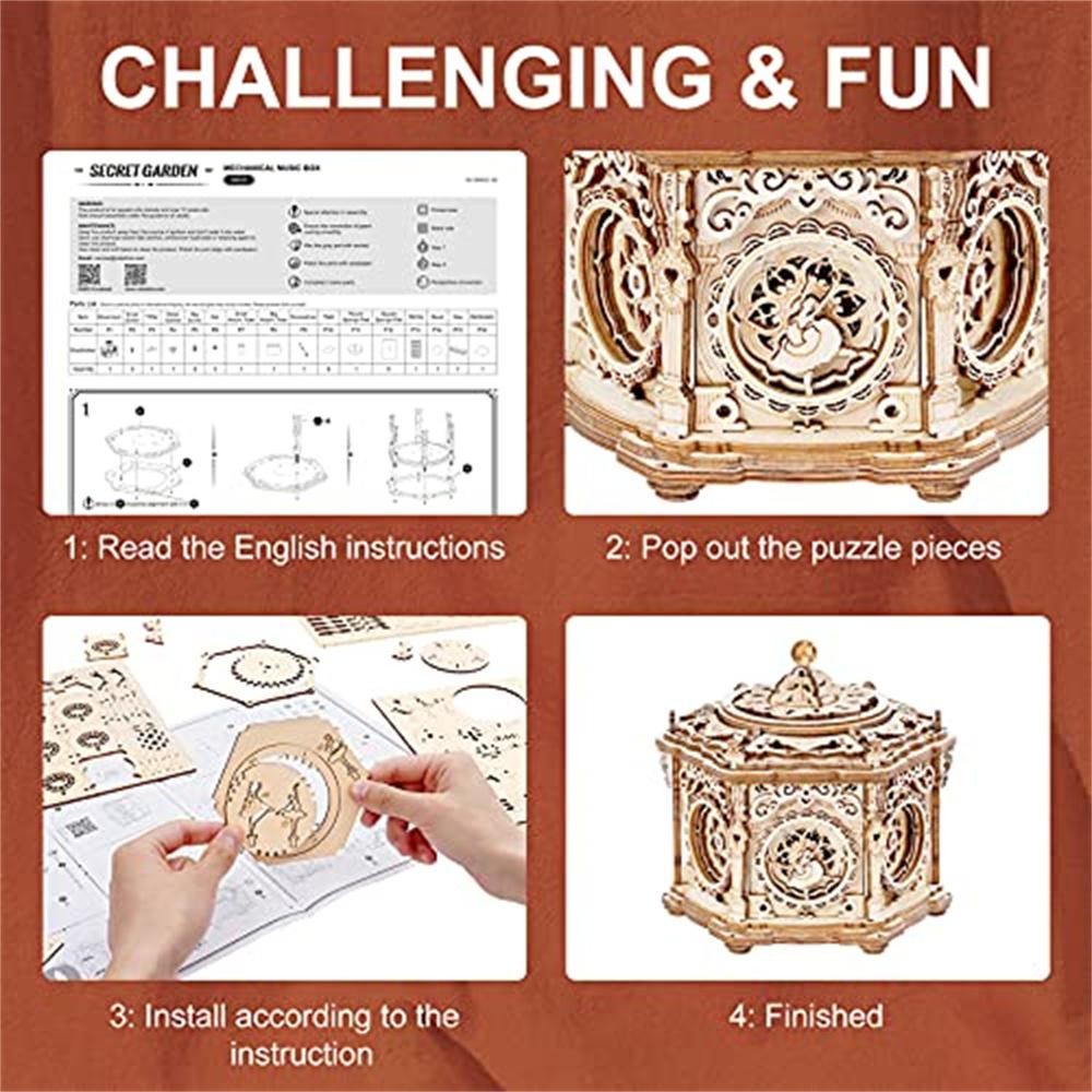 Robotime Secret Garden DIY Mechanical Music Box Kit 3D Wooden Puzzle Box for Adults Self-Assembly Building Project