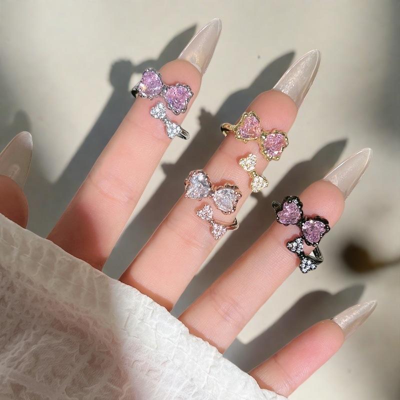 Sweet And Cool Pink Diamond Bow Series Open Ring Women'S Light Luxury Temperament Niche Design High-End Fashion Index Finger Ring