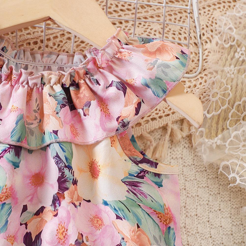 Children's Clothing New Summer Lace Floral Print Top and Shorts Set for Girls 3-7 Years Old