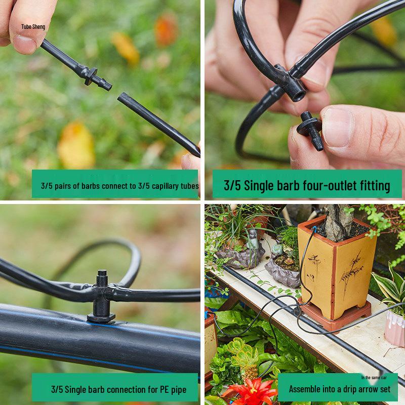 Capillary and Micro-Sprinkler Fittings: Single/Double Hooks, Tee, Straight Connector, Drip Stop, Mountain Bracket, Five-Way, Greenhouse.