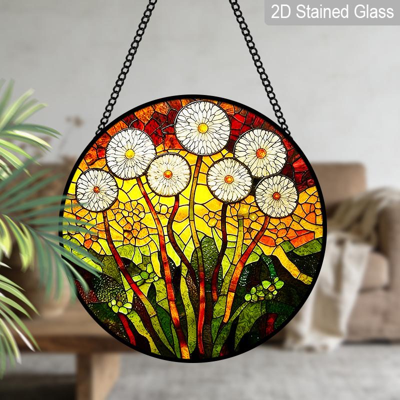 2D Flat Stained Glass Flower Window Decoration Colored Glass Plate, 7.87inches Hanging Ornament with Chain, Charming Spring Summer Sun Catcher Home