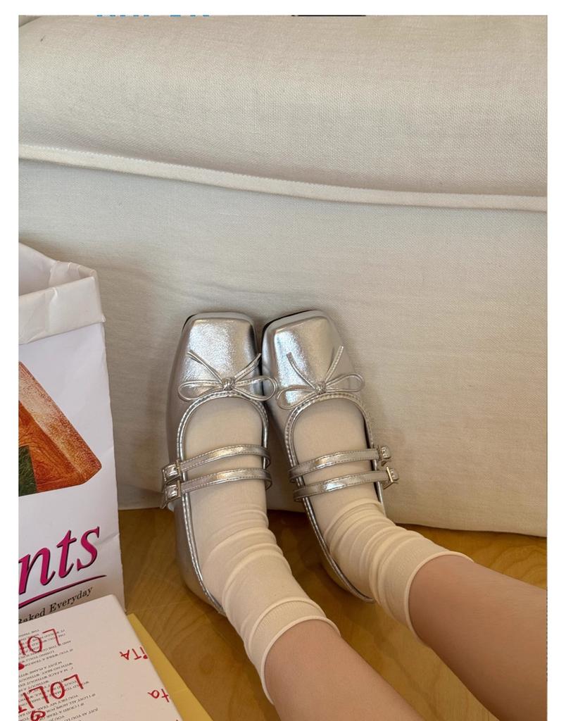 French fairy style silver square head single shoes women's spring and autumn 2025 new bow commuter flat Mary Jane shoes