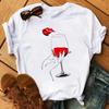 New Women T-Shirt Casual Short Sleeve T Shirt Women's Fashion Rose Red Wine Glass Printed Black T-Shirt Female Tops Tees