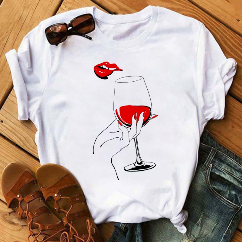 New Women T-Shirt Casual Short Sleeve T Shirt Women's Fashion Rose Red Wine Glass Printed Black T-Shirt Female Tops Tees