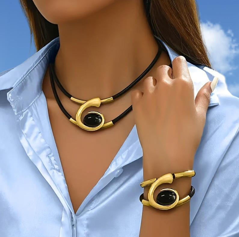 

Богемський Золотий Чорний Акриловий Підвіска Камінь Ювелірний Набір - Жіноче Поєднання Намисто Браслет чорний