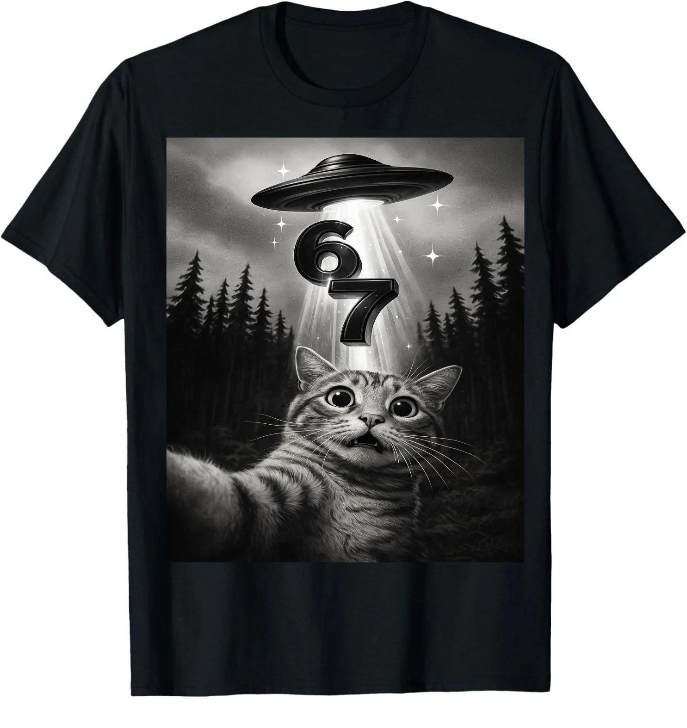 Funny Cat Selfie UFO Meme T-Shirt Gen Alpha Slang Top Gift Tee 67 Six Seven 6 7 L
