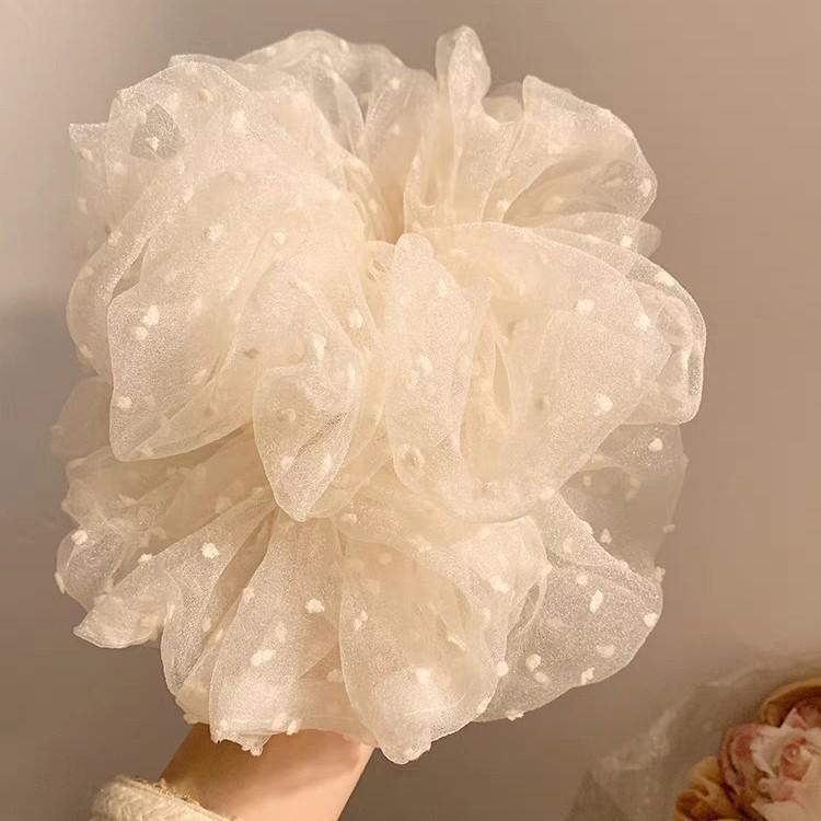 Extra Large White Polka Dot Mesh Korean Scrunchie for Voluminous Buns & Ponytails