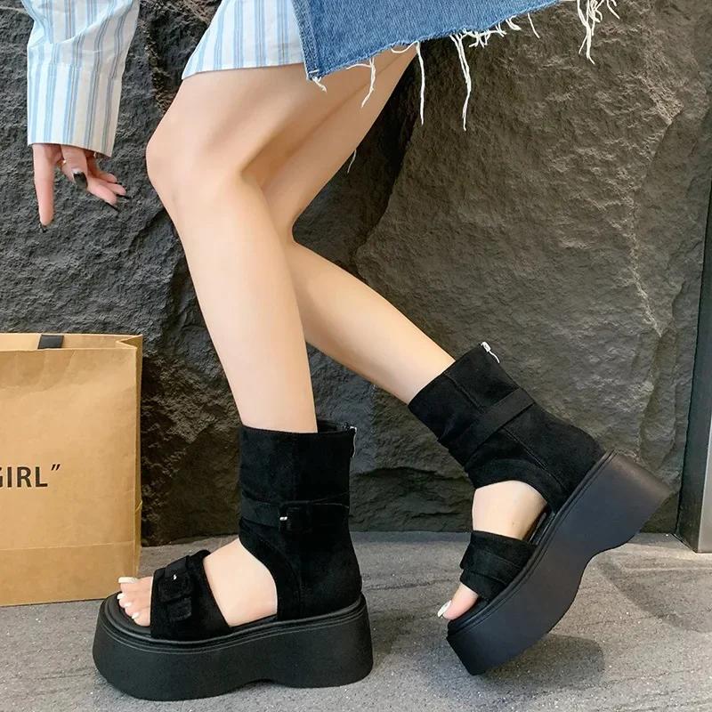 Summer 2026 Women's Thick Heel Ankle Boots Soft Bottom Toe Covering Sandals Roman Style Heightening Pants Tube Slippers