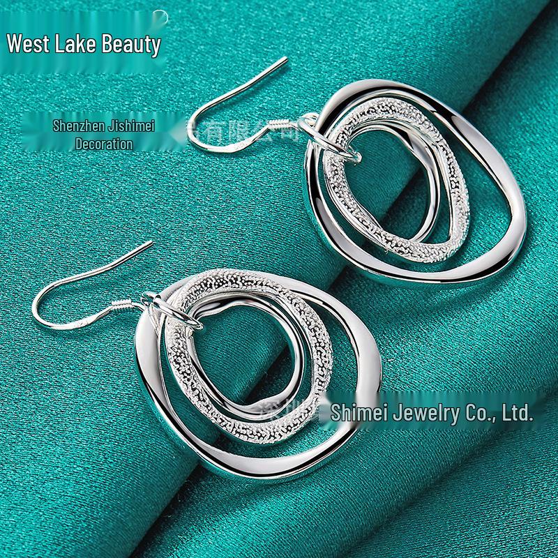 Silver Frosted Triple-Circle Wave Earrings - Women's Jewelry