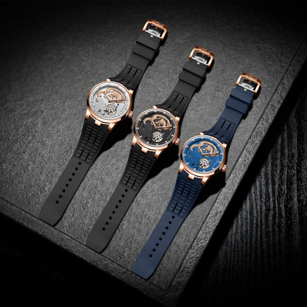 HAOFA Watch Carcel Watch Mechanical Manual Winding 3D Dial Golden Dragon Diamond Watch Waterproof Rubber Strap Luxury Gentleman Gift for Men Men's