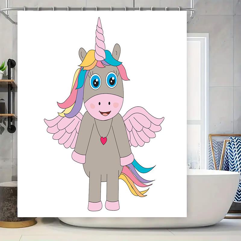 

Adorable Unicorn Shower Curtain For Kids Bathrooms Soft Waterproof Fabric With Hook Rings (Pink Wings) W60H190(CM)-1 Pcs
