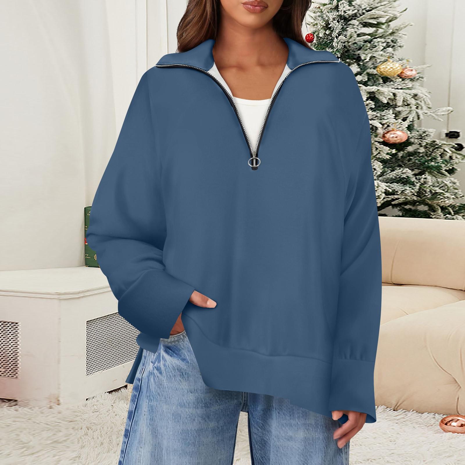 

Женский повседневный однотонный пуловер с застежкой-молнией на лацкане и боковыми разрезами, модная одежда XXL тёмно-синий