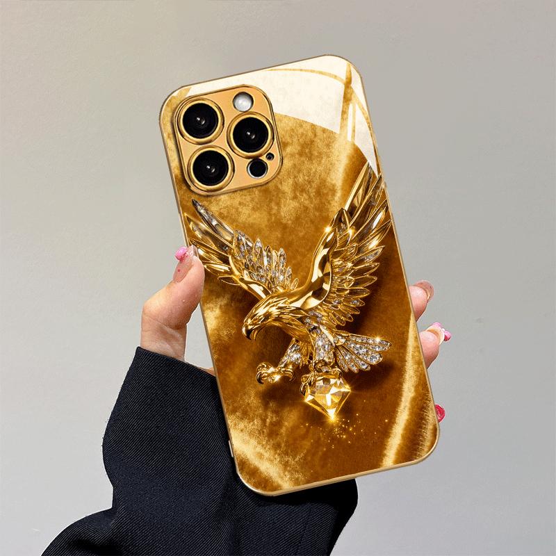 Premium electroplated glass phone case for iPhone 17 16 15 14 13 12 11pm Pro Plus. High-end gold diamond-encrusted eagle design. iPhone 11 Pro Max
