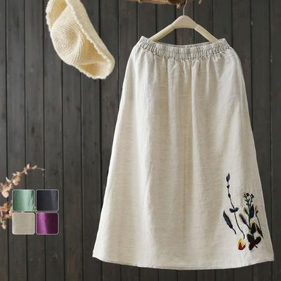 Women's Vintage Artistic Cotton-Linen Midi Skirt - Embroidered A-Line Silhouette In Solid Color for Summer - Versatile Boho Style