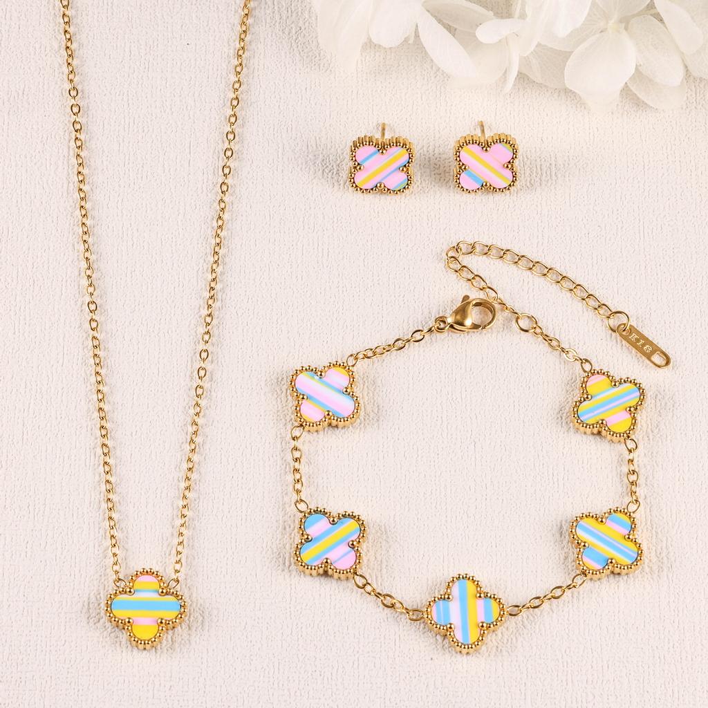 3PCS Clover 18K Gold Plated Necklace Bracelet Earnail Set Women's Light Luxury Colorful Fashion Accessories