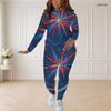 Women Plus Size Round Neck Long Sleeve Red Blue Printed Top Fitted Pants Two Piece Set