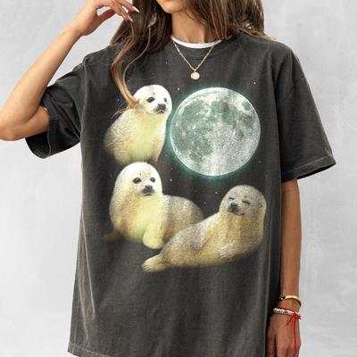 Three Baby Seal Vintage Graphic T-shirts, Retro Sea Dog Moon Tshirt, Seal Lovers, Cute Sea Dog Tee, Relaxed Washed Adult Tee, Fun Gifts