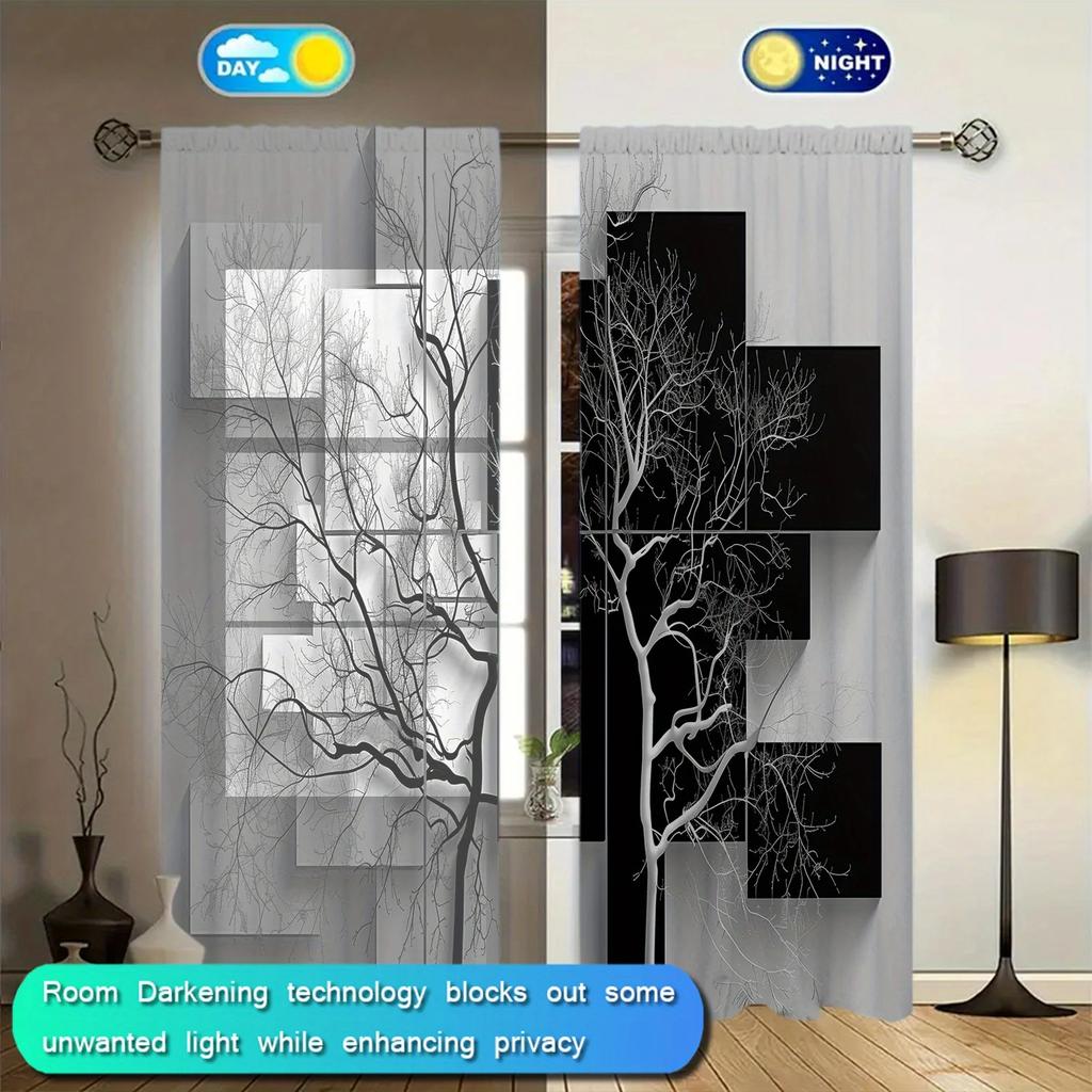 Set Of 2 Black White Tree Printed Curtain Home Decor Window Treatment Bedroom Office Kitchen Living Room With Rod Pocket Polyester Perfect For Sitting