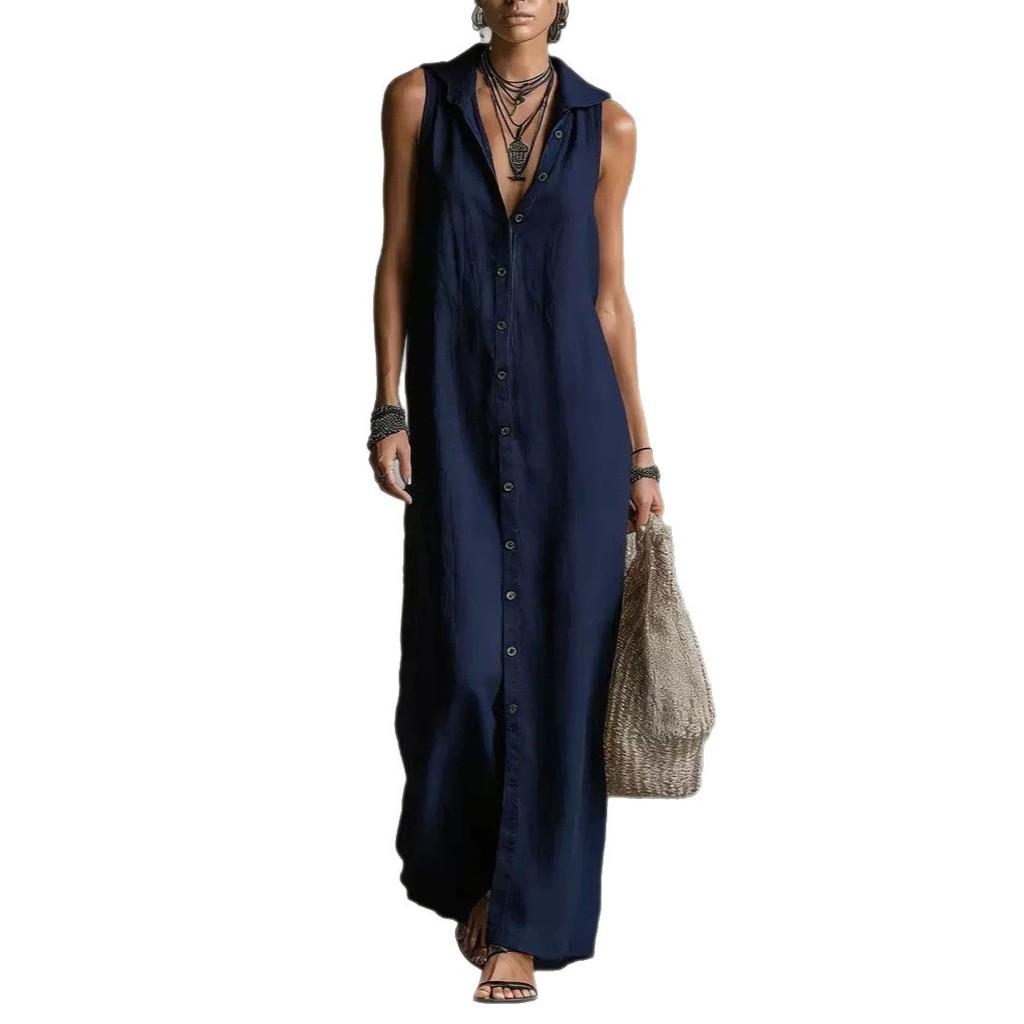 Long Sleeveless Spliced Dress With Polo Collar For Casual Travel And Streetwear