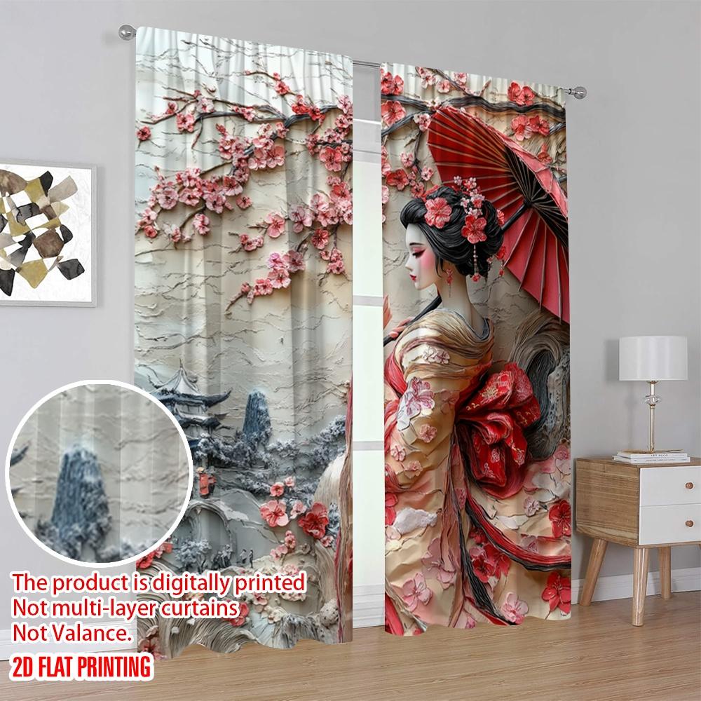 2pcs Spring party Curtain Vintage Japanese Geisha Polyester,Without Electricity Versatile Perfect for bedroom living room