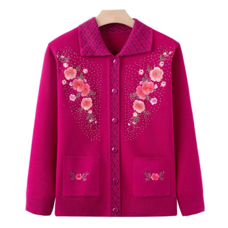 Middle-aged mother autumn and winter embroidered cardigan sweater the elderly cardigan knitted sweater jacket grandma top