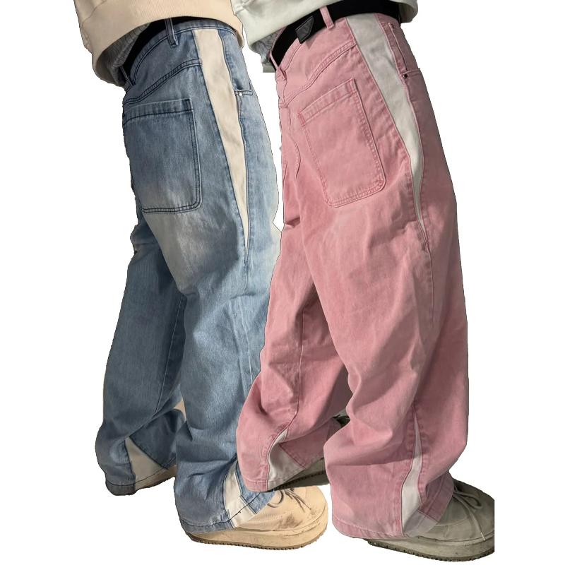 Y2k Hip‑Hop Široké Džíny Pánské Rovné Kalhoty Vintage Patchwork Prané Opotřebované Kapsy Volné Streetwear Džínovina Volné Kalhoty