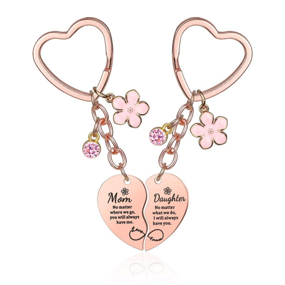 1 Set Gifts for Mom Mom Daughter Keyring Stainless Steel Elegant Heart Shape Keyring Heartfelt Engraved Charms Birthday