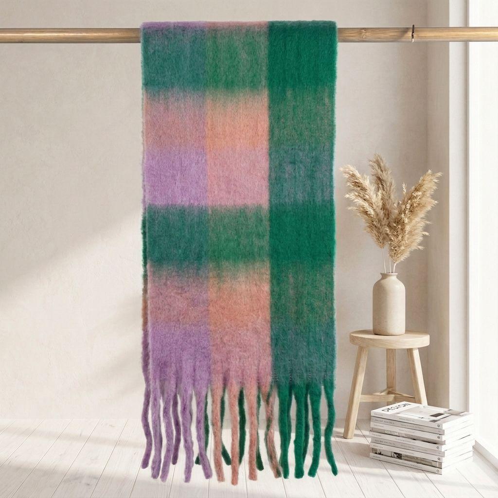 Women's High-Grade Colorful Plaid Mohair Scarf - Thick, Warm, and Versatile for Winter